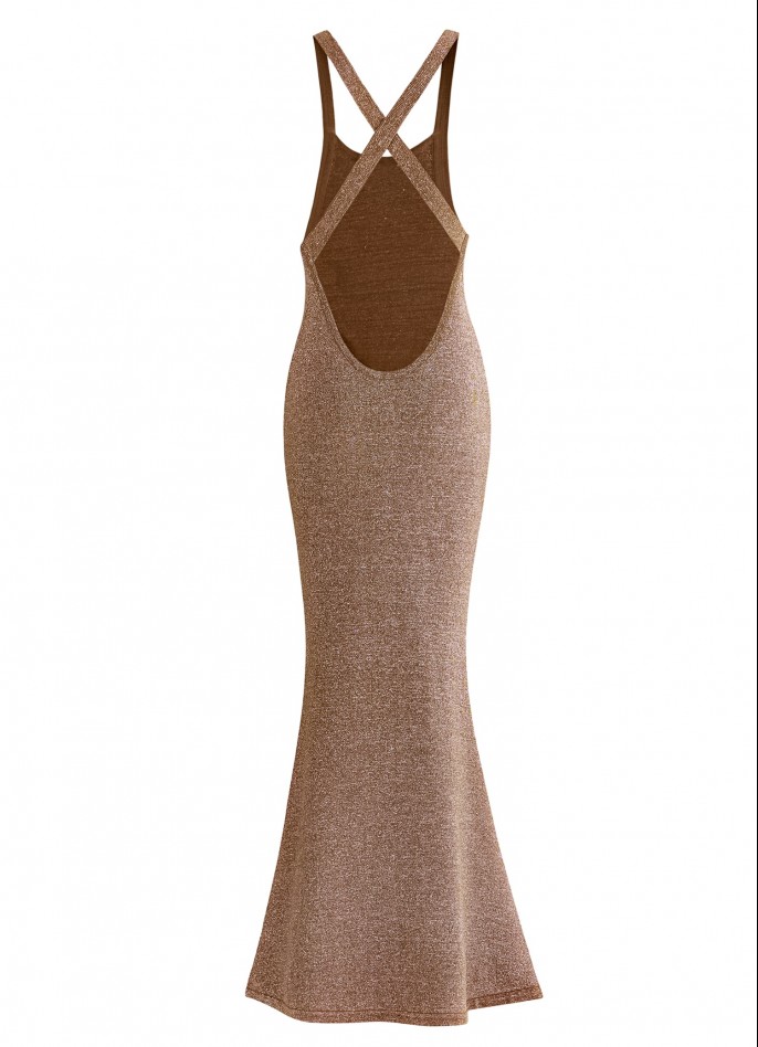 KNITTED GLITTER MAXI DRESS - BROWN / SILVER
